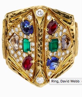 RING, DAVID WEBB, USA, MID-SIXTIES MATERIAL: Yellow gold, sapphires, rubies, emeralds and diamonds fancy DESCRIPTION: sculpture ring made of beat...