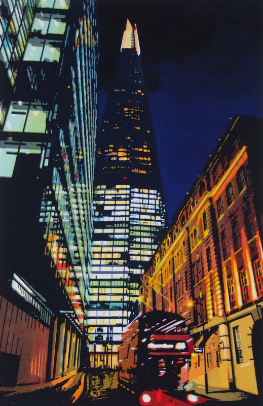 Janet Brooke RE (elected ARE 1998, RE 2002) City Lights screenprint, edition of 15 paper size 42 x 30cm image size 34 x 22cm £160 unframed