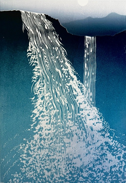Rod Nelson ARE (elected 2022) Highland Falls woodblock, edition of 50 paper size 42 x 29cm image size 34 x 23cm £160 unframed