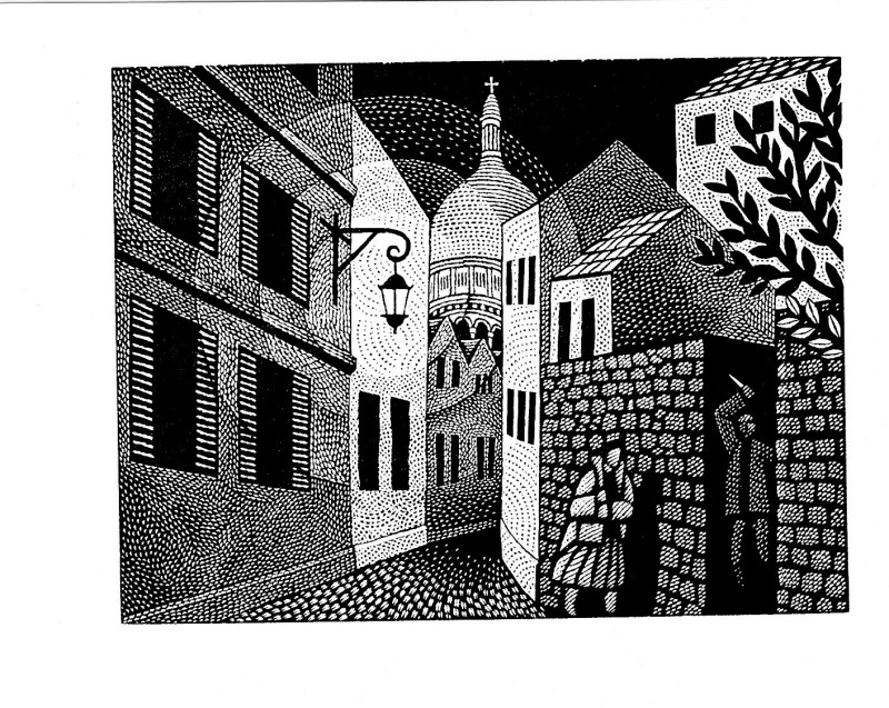 Harry Brockway RE, Montmartre (illustration for 'Maigret Sets a Trap' by George Simenon Folio Society 2019)
