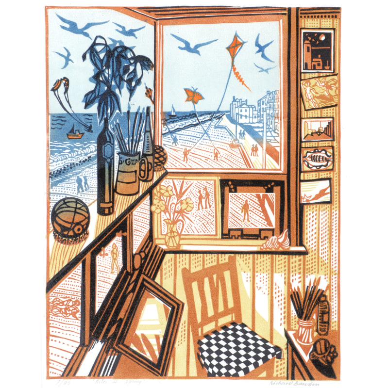 Kites II, Spring, linocut