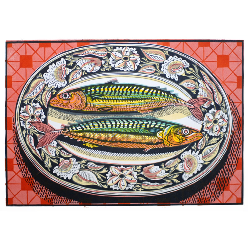 Two Mackerel, linocut