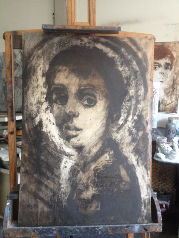 Plate painted with carborundum grits & textured pastes