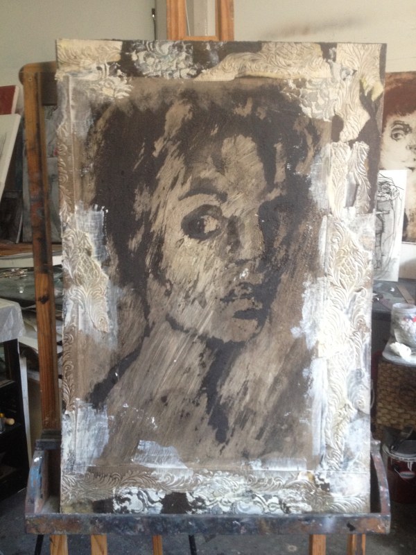 Plate painted with carborundum grits & textured pastes