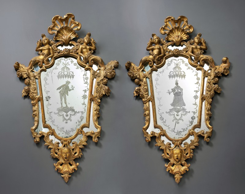 A pair of Venetian Rococo engraved mirrors in frames, Venice, date circa 1740