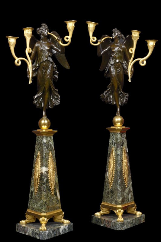 A pair of Empire three-light candelabra attributed to Pierre-Philippe Thomire after a design by Pierre-Louis-Arnulphe Duguers de Montrosier, Paris, date circa 1805