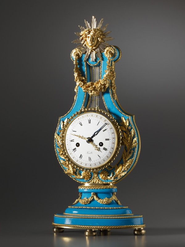 A Louis XVI lyre clock, enamel work by Etienne Gobin, known as Dubuisson and movement by Dieudonné Kinable, Paris, date circa 1785-90