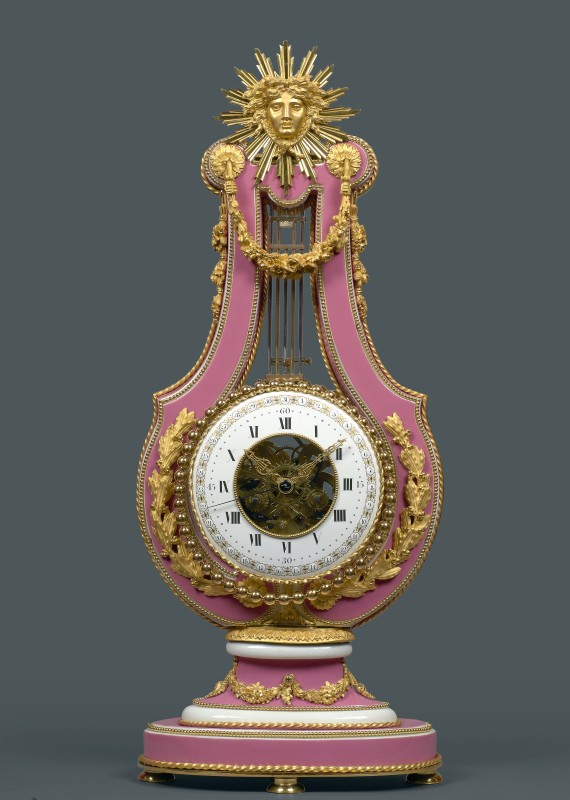 A Louis XVI skeletonised lyre clock, enamel work by Joseph Coteau and movement attributed to Dieudonné Kinable, Paris, date circa 1795-97