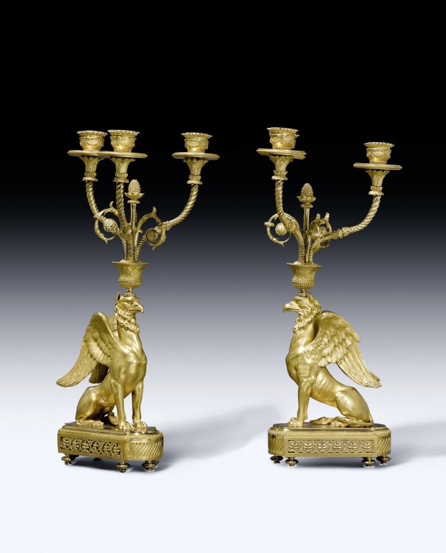 A pair of Empire three-light candelabra, known as ‘candélabres au griffon’ attributed to François Rémond, Paris, date circa 1805