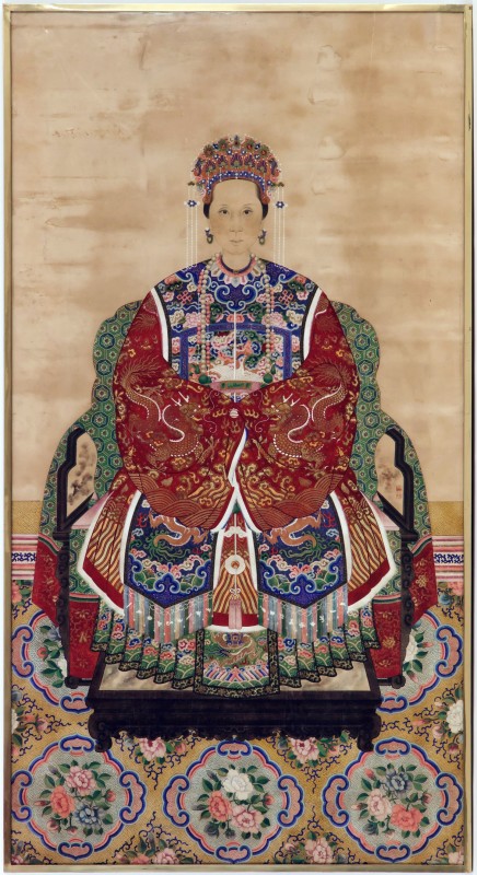 A Chinese late Qing dynasty ancestor portrait showing the wife of a senior official of the fifth rank, China, late 19th Century