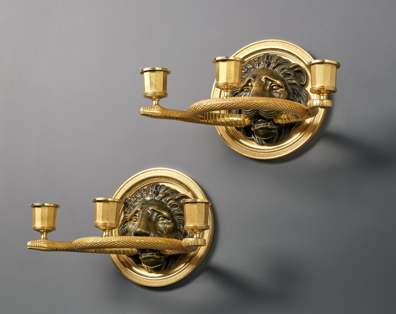 A pair of Empire three lights wall lights, attributed to Pierre-Philippe Thomire, Paris, date circa 1810-20