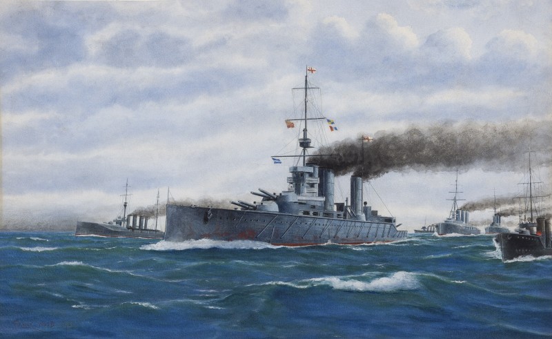 Battlecruisers steaming in line ahead, between their escorting cruisers and destroyers