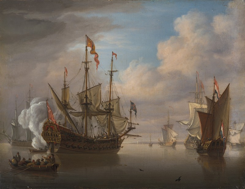 An English two-decker, probably with the King aboard, making ready to depart from her offshore anchorage, and according a Dutch Admiralty yacht the usual salute as she passes