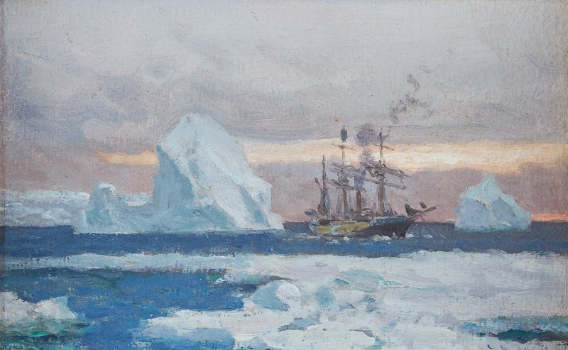 The corvette 'Uruguay' in the Antarctic passing icebergs