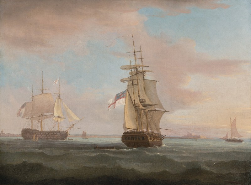 Thomas Whitcombe , A Frigate running down the Solent, Hurst Castle beyond