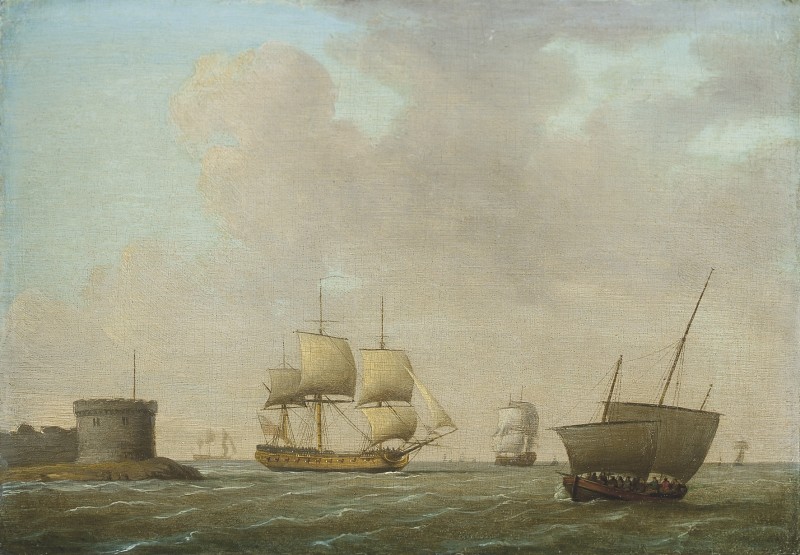 A frigate passing a crowded revenue lugger, in congested waters off Portsmouth harbour