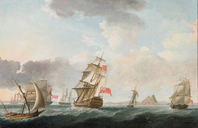 A Squadron of the Red maneuvering off Gibraltar, the flagship's mizzen ensign indicating that she has a Rear-Admiral (of the Red) aboard, with a native felucca passing by and a detailed view of the Rock beyond