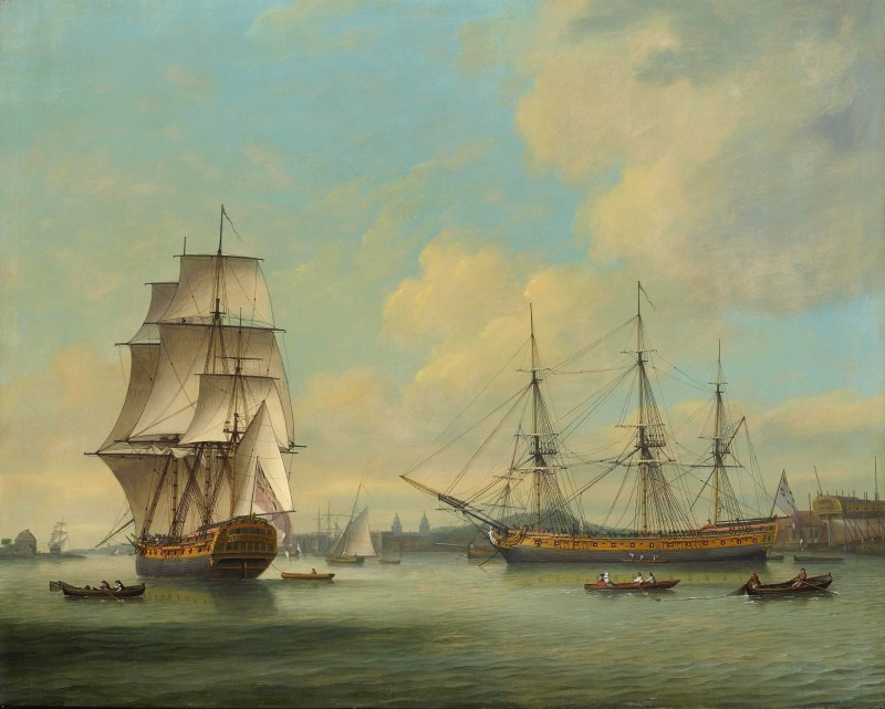 Thomas Luny, The East Indiaman Boddam, at Barnard’s Yard, Deptford, with a view towards Greenwich