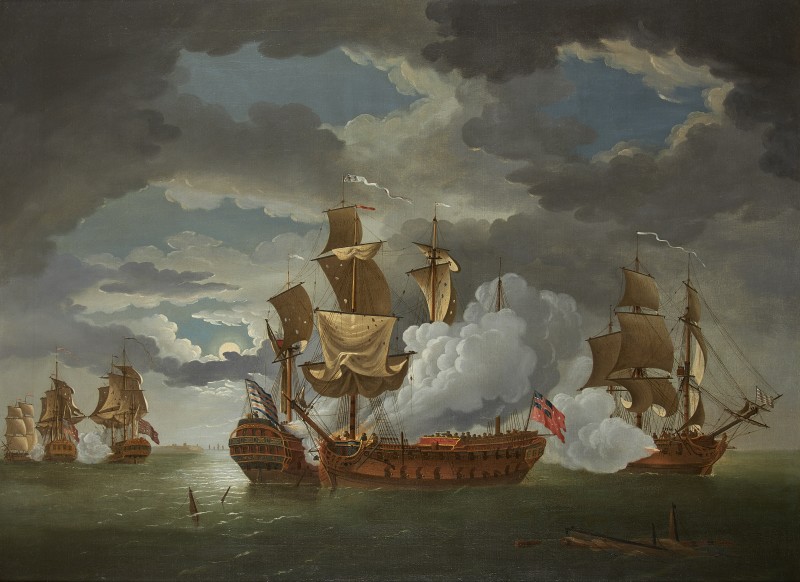 The action between the frigates 'Bonhomme Richard' (Capt John Paul Jones) and 'HMS Serapis', during the Battle of Flamborough Head, 1779