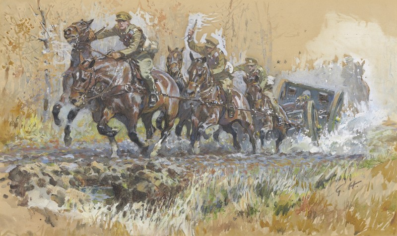 The Royal Field Artillery moving a gun carriage into position