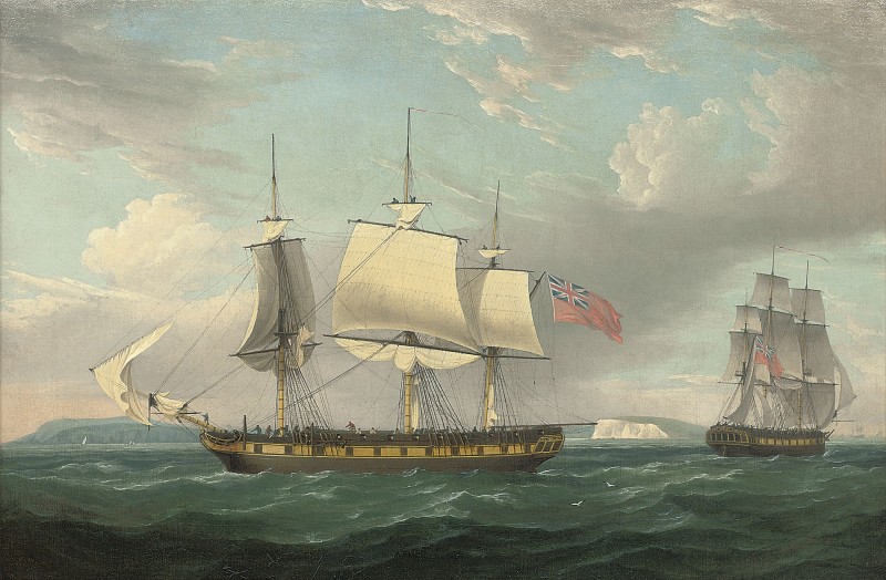 A merchantman in two positions off the South coast