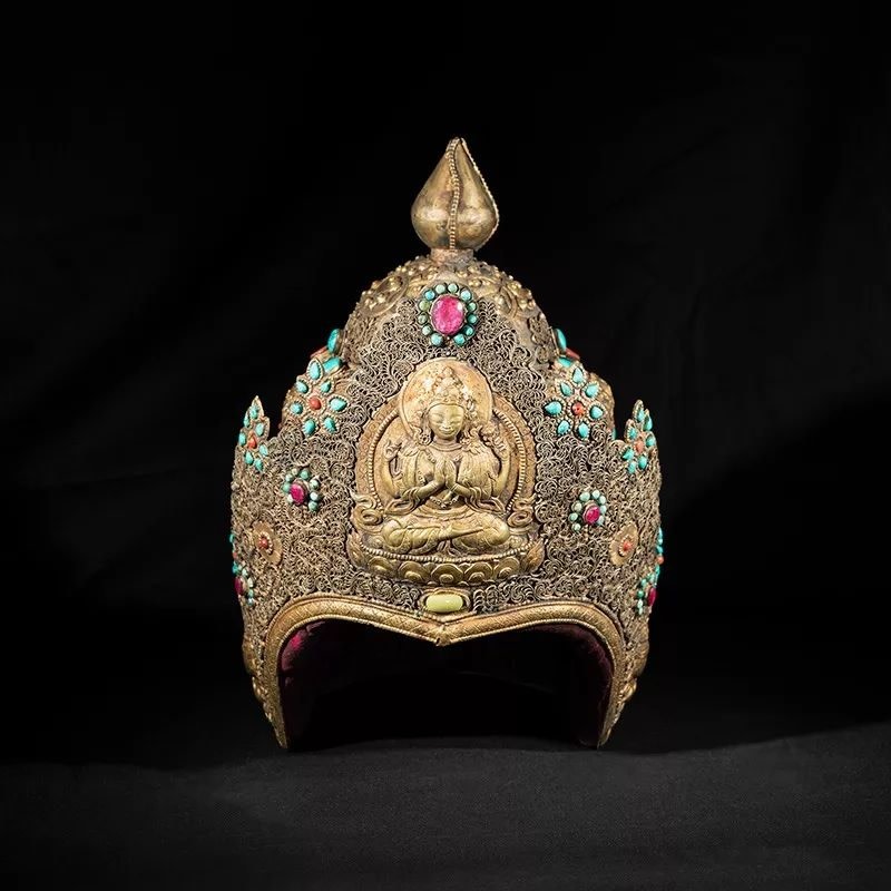 文成公主官帽，鎏金铜掐丝镶夜明珠 Official Hat of Princess Wen-Cheng, Gilt Copper with Wire Inlay Night Pearl