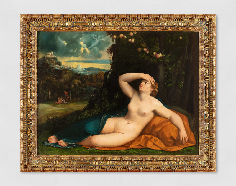 Gemälde mit der Darstellung des Erwachens der Venus in einer Naturlandschaft. Die Figur der Venus liegt auf einem ockerfarbenen und petrolgrünen Tuch.