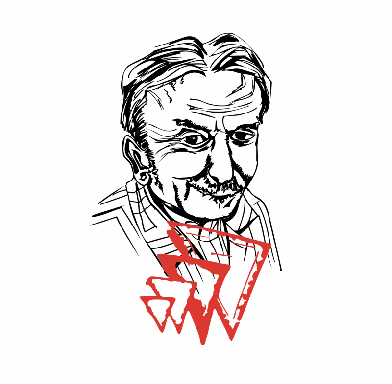 Portrait of Giacomo Balla with red movement drawing.