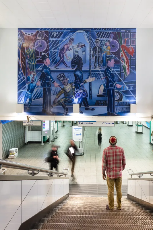 Denzil Forrester discusses 'Brixton Blue' at Brixton Underground Station, London, England Commission by Art on the Underground, London, England