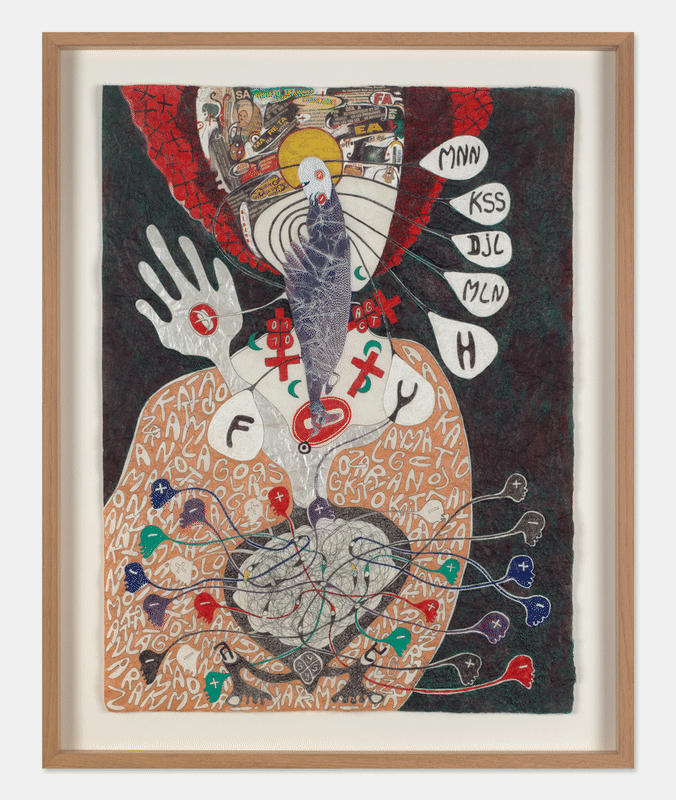 Ernest Dükü - Equation Amaamonlagokatiolozran @ Je vous salue, 2015.
Drawing on crumpled paper, pen, newspaper collage. 61,5x46 cm.

Ange Dakouo - Convergence #4, 2024.
Mixed media (cardboard, newspapers, cotton thread and acrylic). 160x130 cm