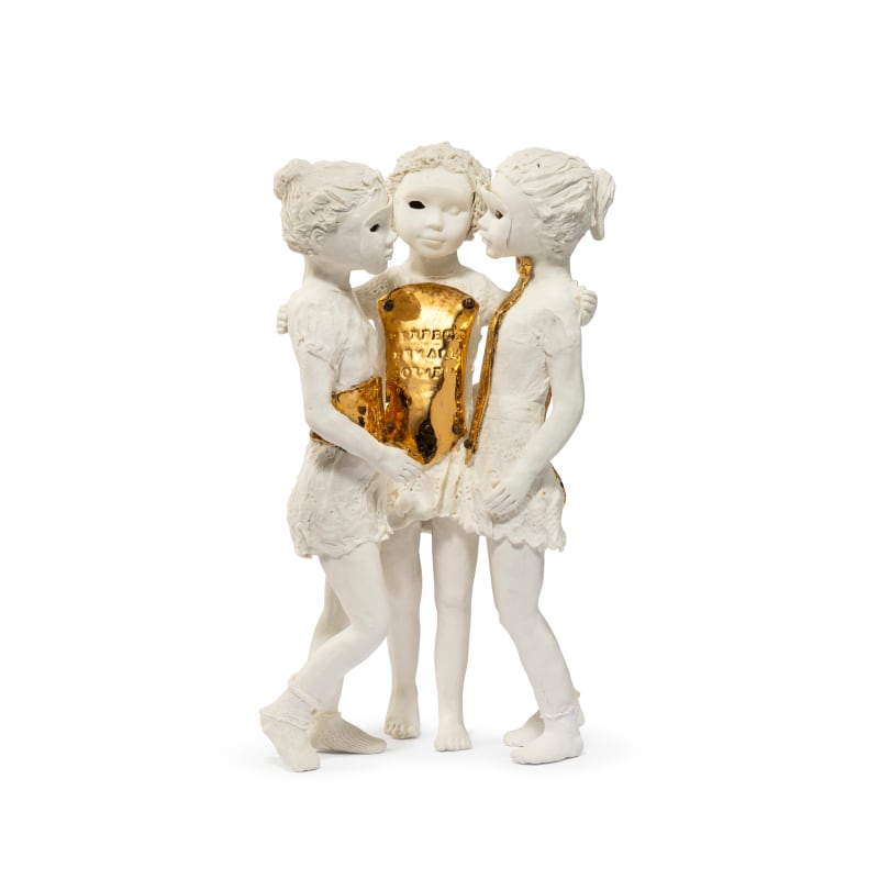 <b><a href="https://privateviews.artlogic.net/2/ec161baa084e282141a0ca/6896/1"><em>Three Graces: Becoming Perfect</em>, 2024</a><br></b>Porcelain, gold lustre, screws. 33 x 17 x 14 cm <br><br>