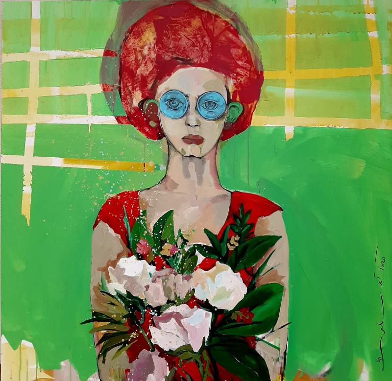 <i><b>Woman in Red</b>, </i><br>Oil and acrylic on canvas, 2020, 100 x 100 cm<br>