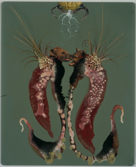 <p>Epiglotus II, 2007<br /> <em>Ink, paint, mixed media, plant material and plastic pearls on X-ray paper, 43.2 x 35.6 cm 17 x 14 in</em></p>