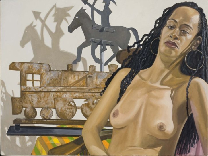 <p>Model with Indian and Locomotive Weathervaves, 2007<br /> <em>Oil on canvas, 91.4 x 121.9 cm 36 x 48 in</em></p>