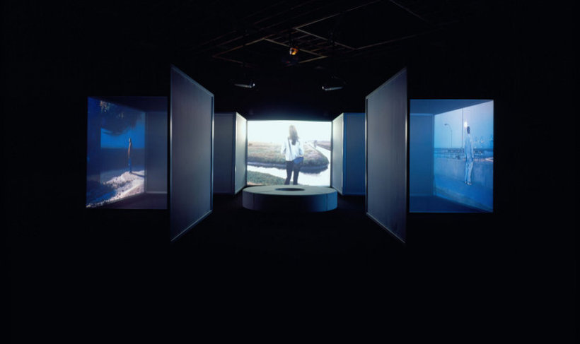 <p>interiors, 2002 (Installation View, October 2003)<br /><i>3 screen DVD installation</i></p>