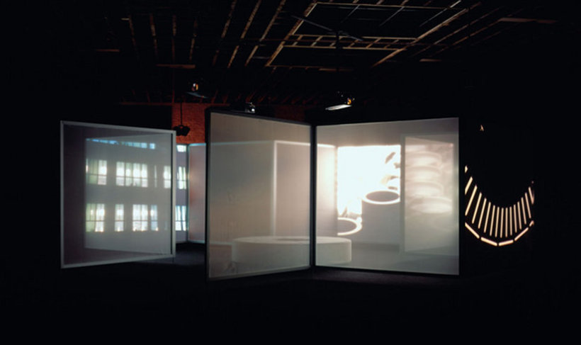 <p>interiors, 2002 (Installation View, October 2003)<br /><i>3 screen DVD installation</i></p>