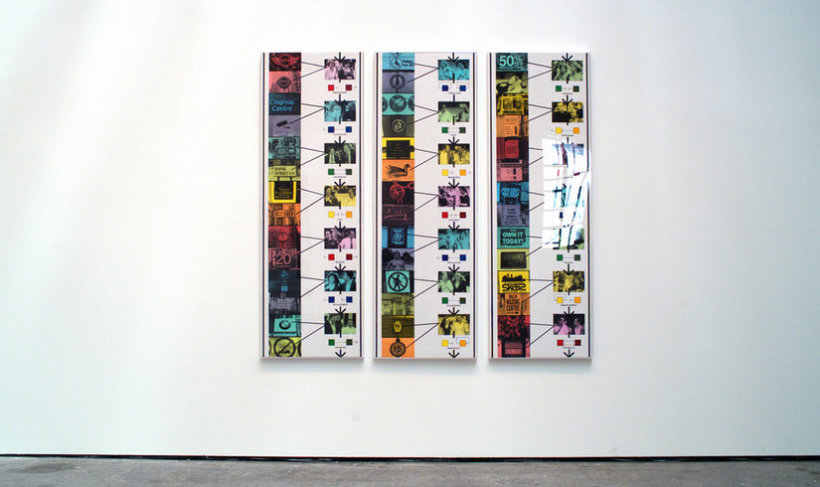 <p>In Relationships Never Ending, 2006 (Installation View)<br /><em>Photographic prints, photographic dye, acrylic paint, Letraset text, ink on card. Framed with Perspex, <span style="line-height: 1.5em;">Three panels. Panel 1 154.8 x 52 cm 61 x 20 1/2 in. Panel 2 154.8 x 35 cm  61 x 13 3/4 in. Panel 3 154.8 x 52 cm 61 x 20 1/2 in</span></em></p>