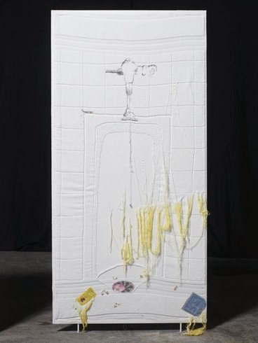 <p>Divided We Fall #4 (2 fag packs and a pink urine cake), 2008-2009<br /><em>Metal framework with white stretched towel fabric, <span style="line-height: 1.5em;">185.5 x 91.4 cm </span><span style="line-height: 1.5em;">73 1/8 x 36 in</span></em></p>