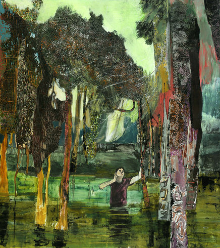 <p>A boy in the bog, 2010<br /><em>Acrylic, airbrush and block print on paper, 147.32 x 132.08 cm 58 x 52 in</em></p>