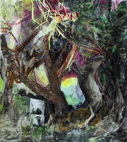 <p>A beast with lightning in its glare, 2010<br /><em>Acrylic, airbrush and block print on paper, 146.37 x 132.08 cm 57 5/8 x 52 in</em></p>