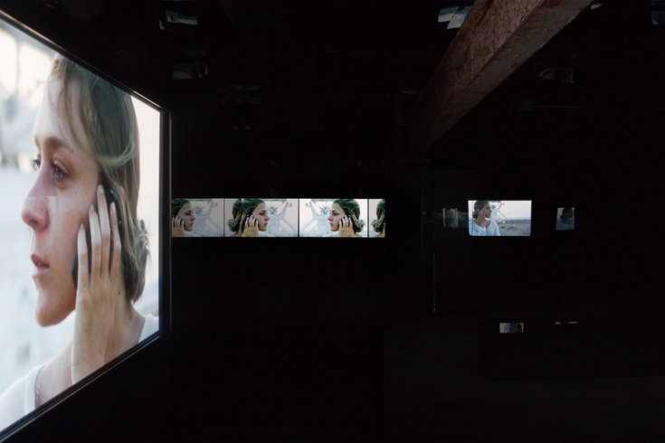<p>Black Mirror, 2011<br /><em>Multi-channel video and architectural installation, 5 flatscreens, audio, mirror, Dimensions variable, 13 min. cycle. Installation view, Victoria Miro 2011. </em><br /><em>Slaughterhouse, Deste Foundation Project Space, Hydra. Courtesy of DESTE Foundation for Contemporary Art; Hellenic Festival; Burger Collection; 303 Gallery, New York; and Galerie Eva Presenhuber, Zurich.</em></p>