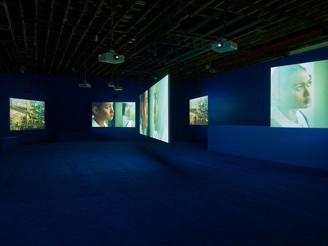 <p>PLAYTIME, 2014<br /><em>Seven-screen HD video installation with 7.1 surround sound, Duration 69 min 47 sec, Installation View Victoria Miro Wharf Road, 2014</em></p>
