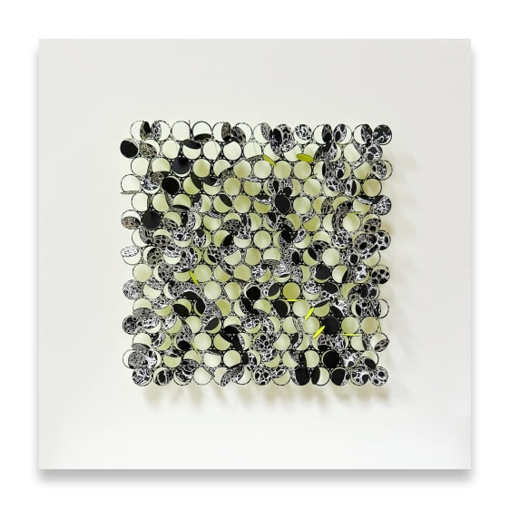 <p>Jacqueline Duncan</p><p><em>Wave in black and yellow, 2024</em></p><p>acrylic and ink on paper, pins</p><p>£750</p>