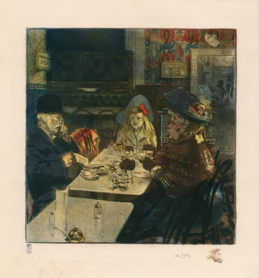 <p>John Copley<b> </b>(1859 – 1921), <i>A Tea Shop </i>1909, colour lithograph</p>