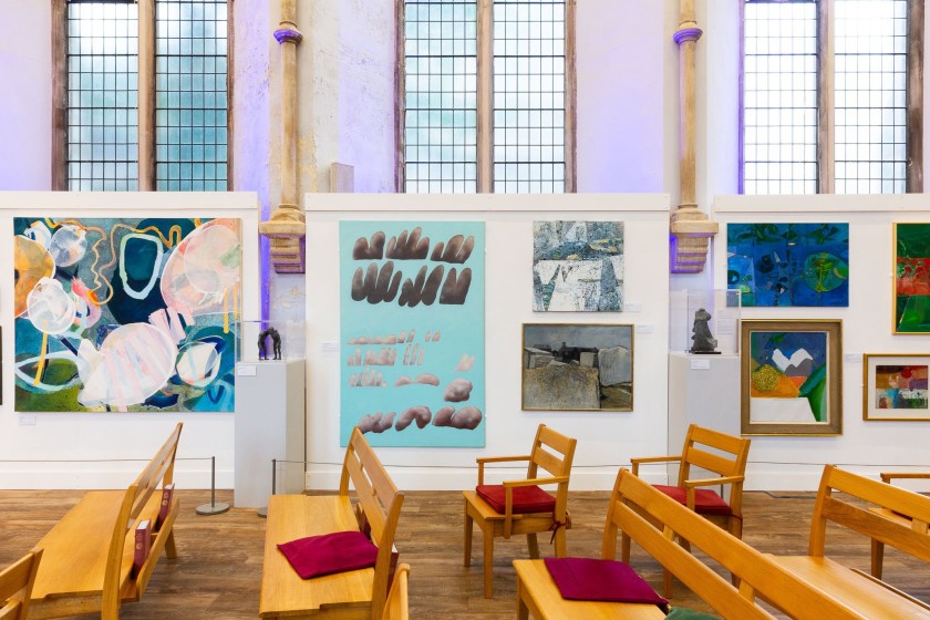Installation view of the exhibition at Victoria Methodist Church, with Inshaw's painting in the centre