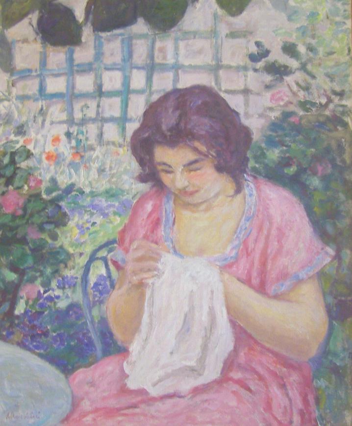 Femme en Rose Cousant dans le Jardin