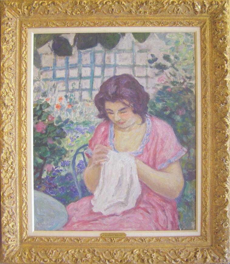 Femme en Rose Cousant dans le Jardin
