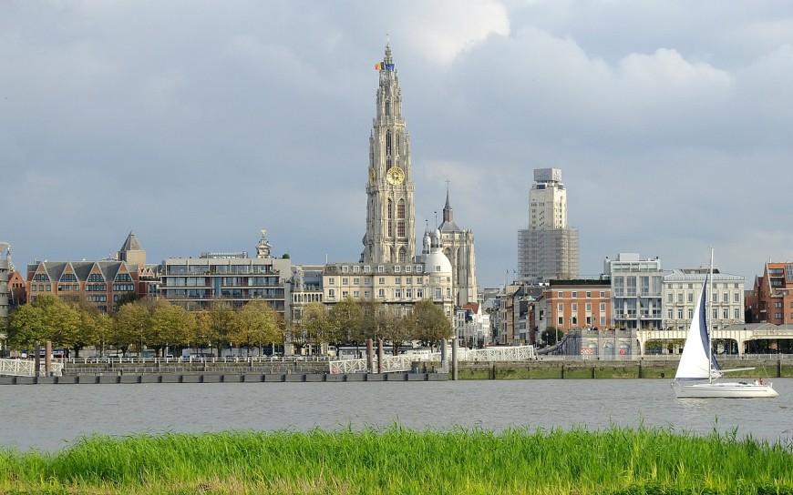 Garden, Antwerp, Looking Toward The Cathedral of Our Lady from across Scheldt River