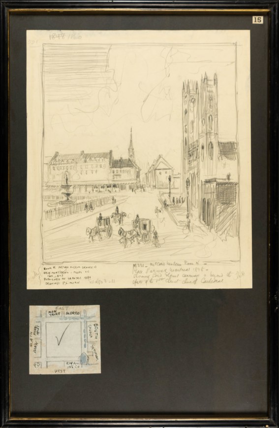 Place d’Armes, Montreal, a 20th century drawing, presumably copied from a 19th century engraving
