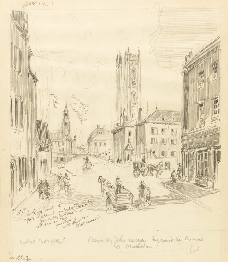 Looking East to Place D’Armes on Notre-Dame Street, a 20th century drawing, presumably copied from an engraving of a 19th century scene
